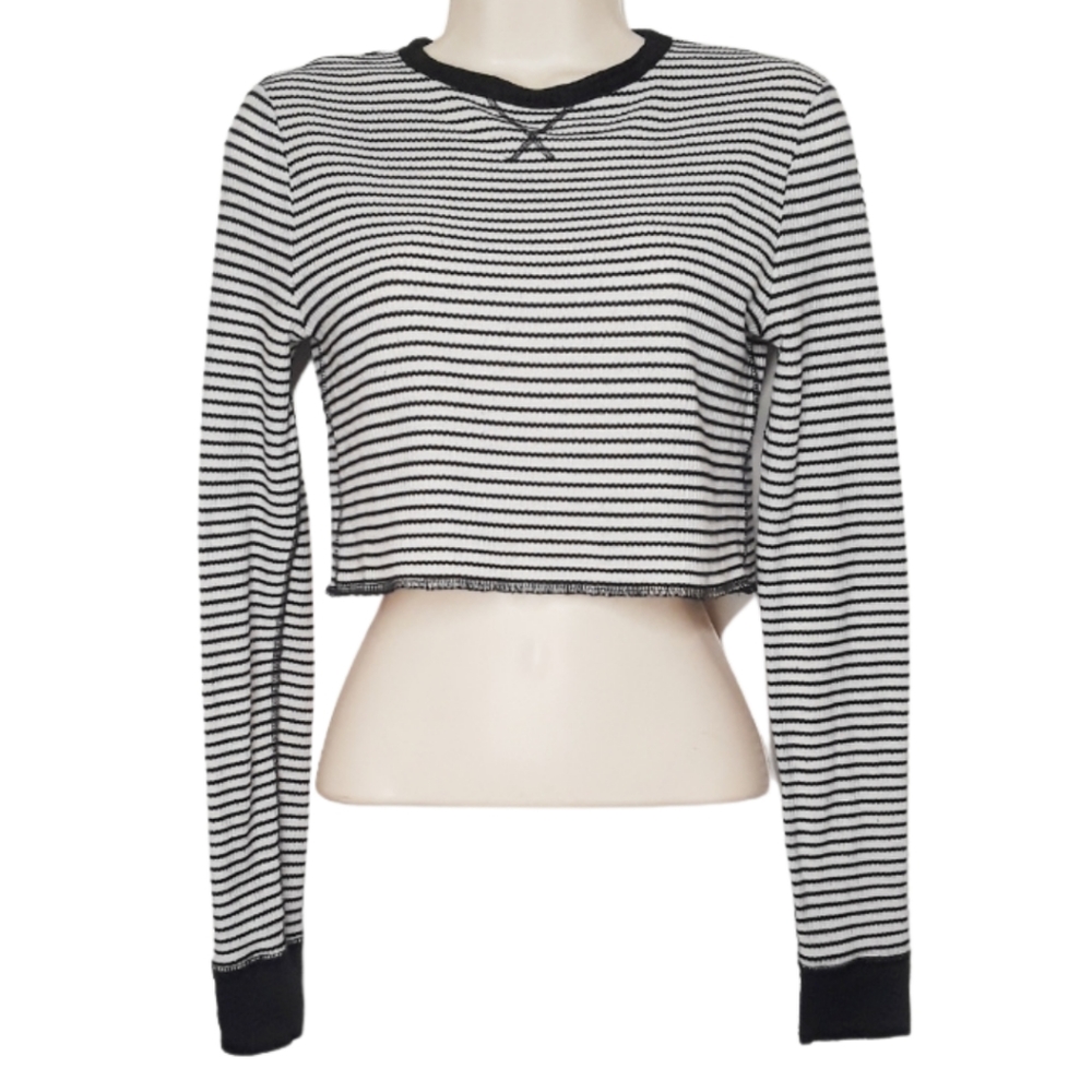 OUT FROM UNDER Black Ivory Stripe Print Long Sleeve Thermal Crop Top Small